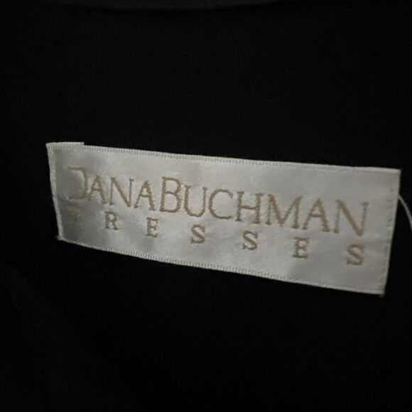 DANA BUCHMAN Button Down Black Dress Size 12 Satin Like Collar Cuffs Bottom Hem - Picture 6 of 14